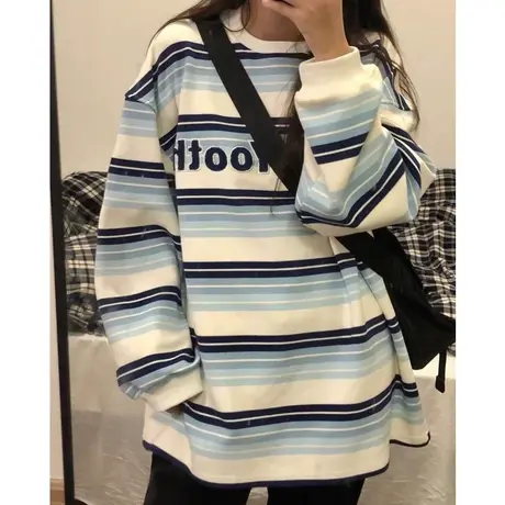 条纹长袖t恤卫衣女春秋2023新款美式复古小众设计感宽松套头上衣商品大图