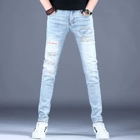 2023男士牛仔裤子时尚修身烫钻蓝灰色小脚裤百搭男潮牌弹力休闲裤商品大图
