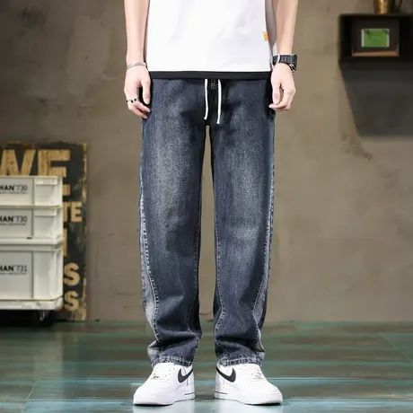 秋冬牛仔裤男宽松直筒阔腿老爹裤透气弹力松紧腰绑带裤休闲潮流男商品大图