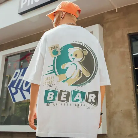 胖子欧美小熊纯棉T恤男短袖大码宽松学生百搭潮流夏季半袖体恤衫商品大图