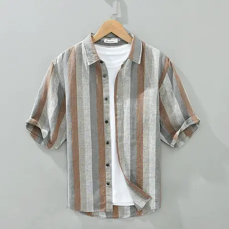 萨法瑞亚麻衬衫男宽松五分短袖休闲夏季新款上衣复古条纹棉麻衬衣商品大图