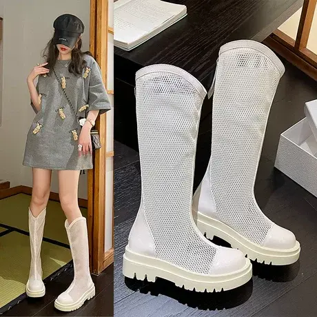 小个子厚底网纱骑士靴女2023夏季新款镂空透气高筒靴网面长筒凉靴商品大图