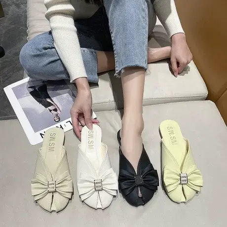 夏季时尚法式网红包头凉鞋女鞋蝴蝶结夏款一脚蹬时装凉拖鞋外穿商品大图
