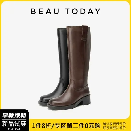 BeauToday棕色长筒靴女2023新款高跟皮靴女英伦风春秋单靴女真皮图片