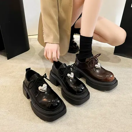 复古方头乐福鞋女2024年春秋季新款配裙子粗跟单鞋厚底百搭小皮鞋商品大图