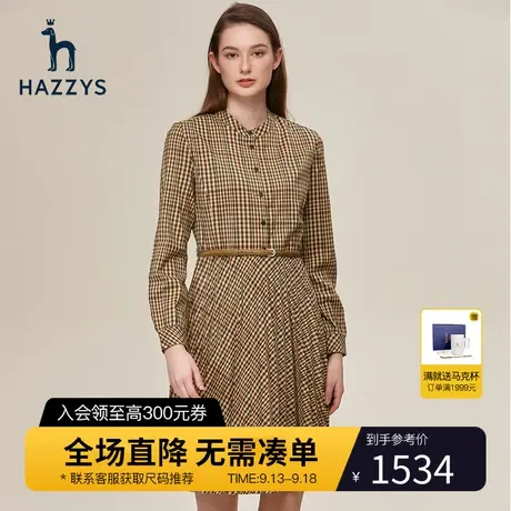 Hazzys哈吉斯棕色格子压褶连衣裙女士早秋长袖经典英伦风休闲裙子图片
