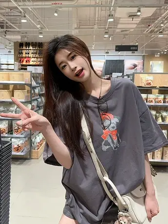 大码胖mm慵懒印花圆领短袖t恤女夏季新款宽松半袖套头上衣2-300斤商品大图