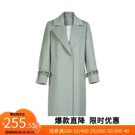 【艾格】2023春季新款西装领外套女暗扣口袋开叉长款毛呢大衣图片