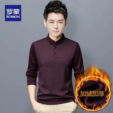 罗蒙翻领polo衫男士冬季加绒加厚款格子上衣中年爸爸保暖打底衫潮商品大图