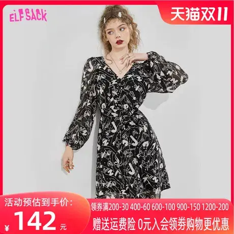 妖精的口袋法式黑色雪纺连衣裙女2023春新款v领收腰显瘦气质裙子图片