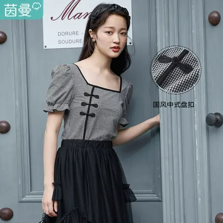 茵曼∣梨涡系列国潮方领盘扣T恤女士2023夏季新款花苞袖格子上衣图片