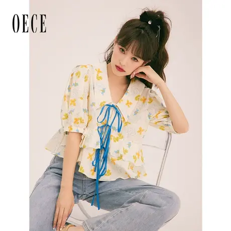 Oece复古碎花衬衫女2023春夏新款女装设计感小众短款衬衣气质上衣图片