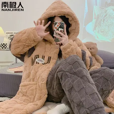 睡衣冬季女款加绒加厚三层夹棉珊瑚绒法兰绒冬天咖色睡袍女秋冬款商品大图