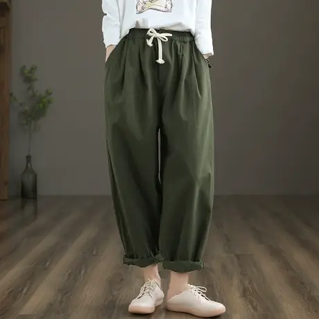 dza 高腰纯棉女士长裤2022新款春秋休闲裤宽松阔腿裤大码哈伦裤子图片