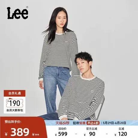 Lee韩国设计舒适版圆领刺绣logo条纹黑白男女同款长袖T恤休闲潮流商品大图