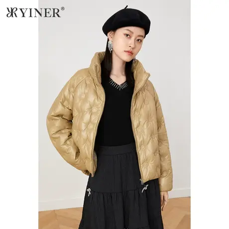 YINER音儿女装冬季新款短款立领真皮羽绒服商品大图