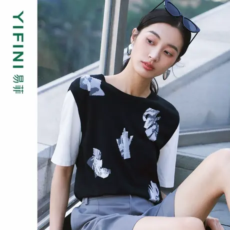 [专柜同款]Yifini/易菲假两件拼接短袖圆领提花针织衫夏装新商品大图