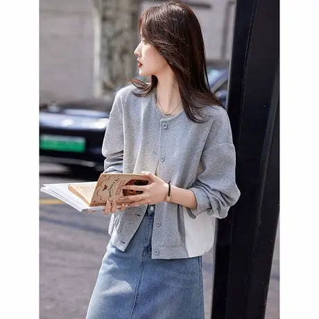 时尚气质外套2025年春季新款女圆领拼接棒球服撞色简约通勤上衣商品大图
