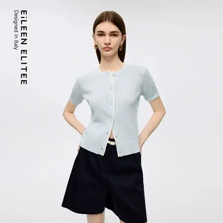 朗姿欧洲EiLEEN ELITEE2025秋新款假两件撞色短袖绞花针织开衫女图片