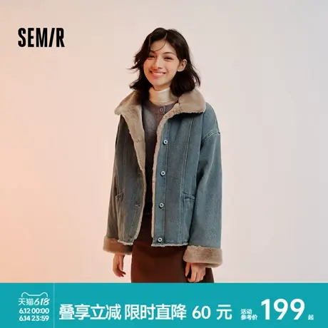 森马牛仔棉服女加绒外套深秋加厚女装2024冬新款毛领夹棉夹克棉袄图片