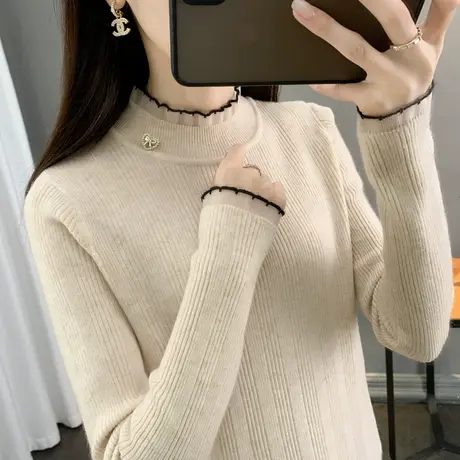 半高领蕾丝毛衣女洋气2023秋冬新款时尚修身打底衫纯色百搭针织衫商品大图