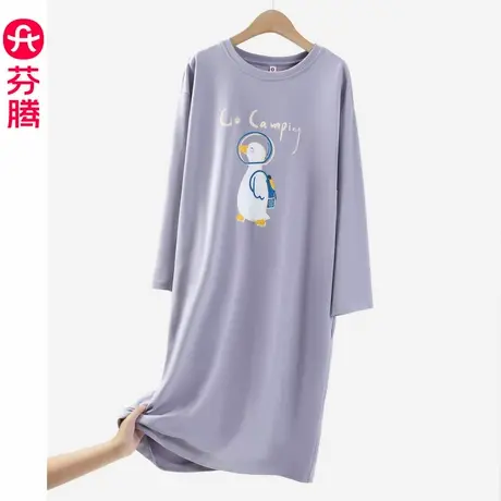 芬腾纯棉睡裙女春秋款长袖外穿休闲中长款睡衣连衣裙子家居服夏季商品大图
