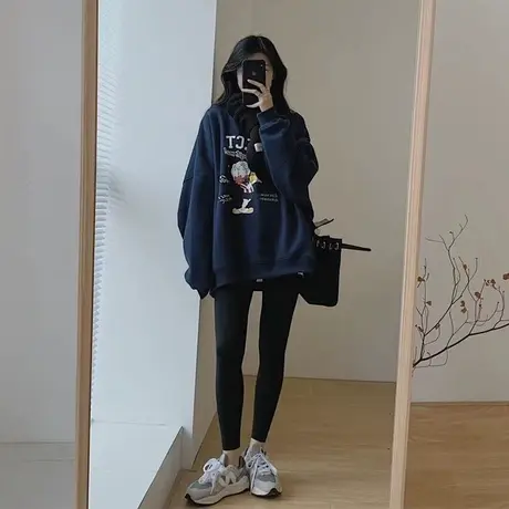 美式学院风大码oversize薄款无帽卫衣女ins潮牌复古情侣外套上衣商品大图