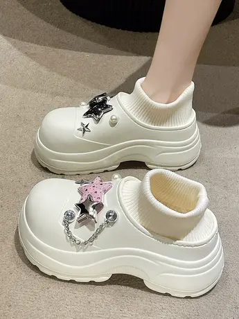 2023冬季新款五角星棉鞋女厚底加绒保暖防水防滑高包跟外穿棉拖鞋图片