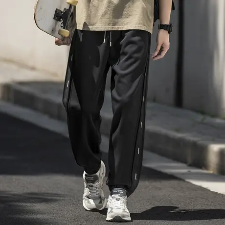 唐狮春季新款男休闲长裤宽松直筒束脚裤九分拼接潮流运动裤子图片