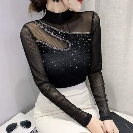 网纱拼接打底衫女长袖秋冬2023新款内搭性感烫钻T恤ins半高领上衣商品大图