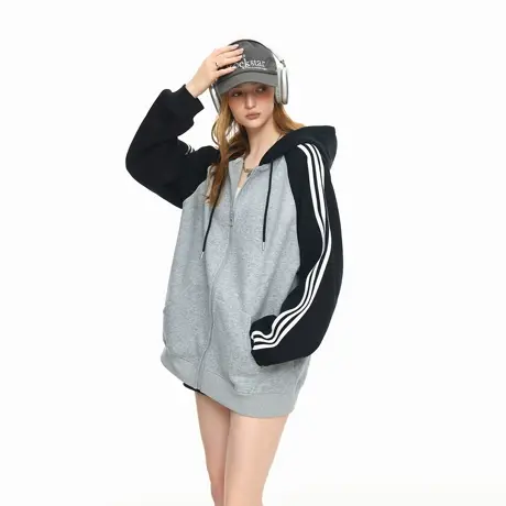 美式复古三条杠撞色拉链开衫连帽卫衣外套女春秋新款宽松休闲上衣图片