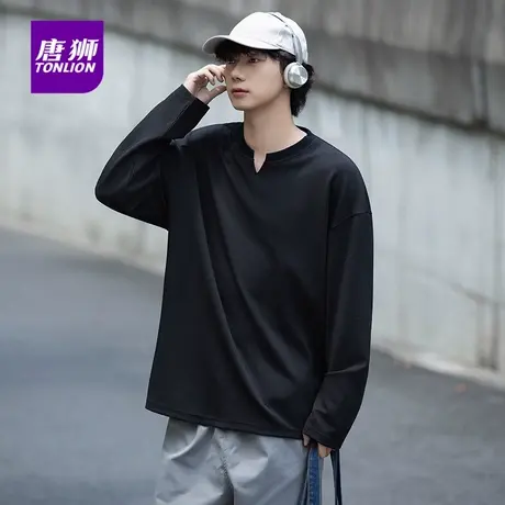 唐狮秋冬季薄款男士美式街头慵懒风纯色V领套头卫衣痞帅上衣服AP图片