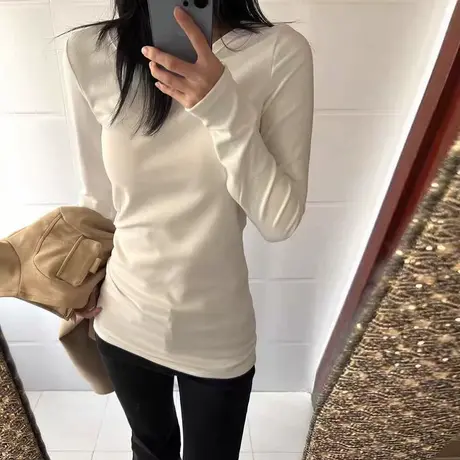 气质高级感长袖T恤女2025早春秋新款修身韩版打底衫内搭白色上衣商品大图