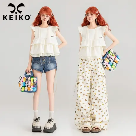 KEIKO 洋气小飞袖减龄小上衣女夏季气质层叠荷叶边短款娃娃装衬衫图片