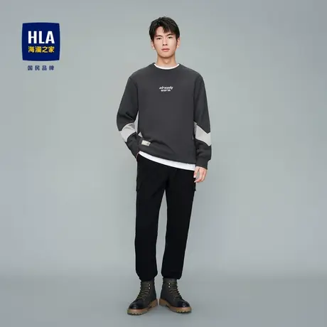 HLA/海澜之家2023含羊毛卫衣撞色御寒智慧绒圆领刺绣上衣男图片