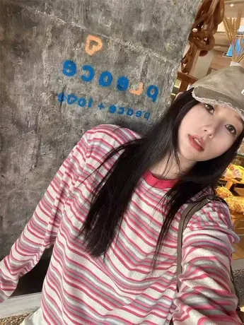 欧洲站2023秋季新款 极简慵懒风复古甜酷百搭显瘦撞色条纹长袖T恤图片