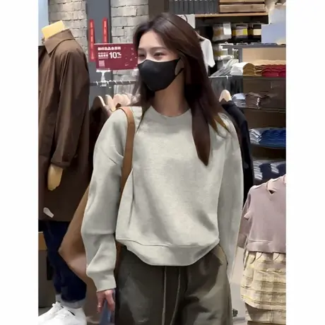 短款灰色卫衣女小众chic港风复古秋冬宽松高腰小个子加绒加厚上衣商品大图