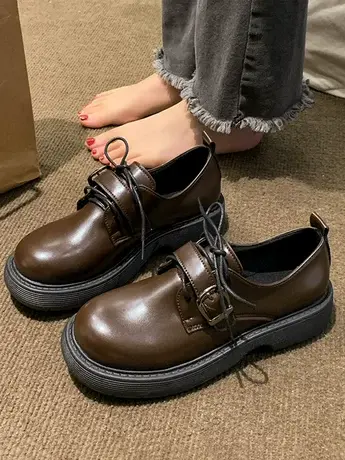 单鞋女低跟系带圆头漆皮春季2023年新款深口英伦风乐福鞋软底商品大图