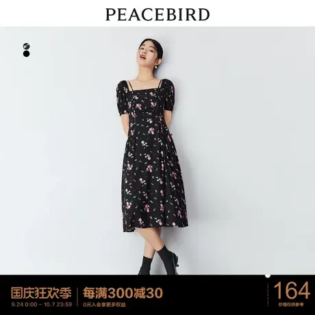 太平鸟 2023年春季新款设计感印花连衣裙女两穿式收腰显瘦小黑裙图片