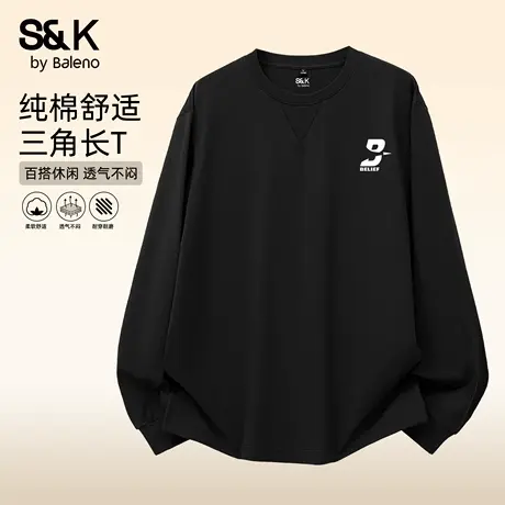 班尼路S&K系列纯棉长袖T恤男秋季简约时尚三角领卫衣宽松叠穿上衣商品大图