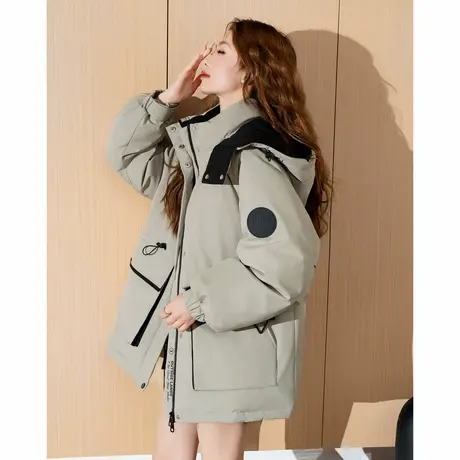 【防水】唐狮撞色连帽羽绒服女2024冬季新款爆款工装外套派克服商品大图