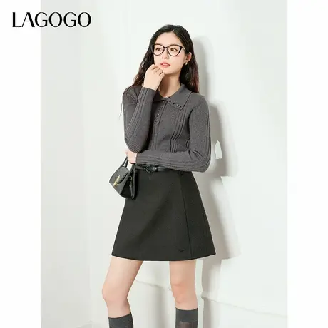 LAGOGO修身polo领针织衫女拉谷谷2024年冬季新款灰色柔软简约上衣商品大图