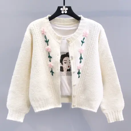 日系温柔风刺绣花朵毛衣外套女秋冬2023新款宽松设计感针织开衫商品大图