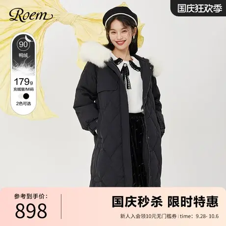 Roem春秋 商场同款时尚保暖松紧腰带毛领中长款轻薄修身羽绒服商品大图