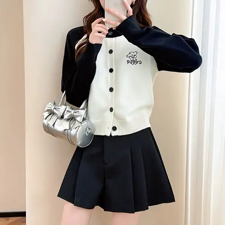 唐狮秋冬女毛衣外套简约风撞色插肩袖设计圆领开衫针织高级感tu图片