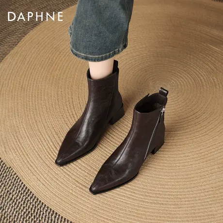 达芙妮高跟尖头短靴女2026新款冬季加绒法式瘦瘦靴棕色粗跟马丁靴商品大图
