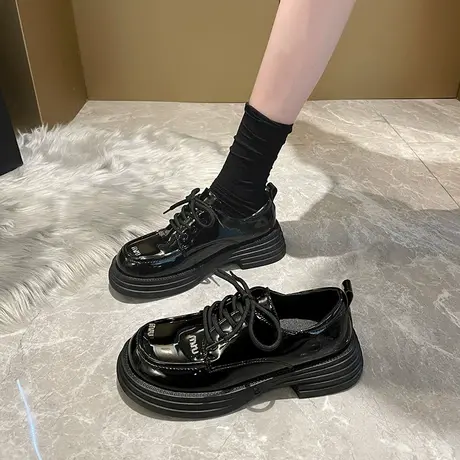 永希英伦风小皮鞋女款2023年新款秋季法式粗跟单鞋圆头通勤乐福鞋商品大图