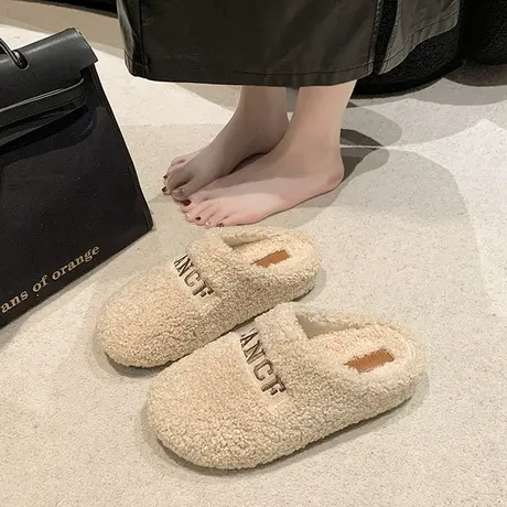 2023年秋冬季新款羊羔毛毛鞋字母刺绣懒人包头半拖鞋平底鞋女鞋子商品大图