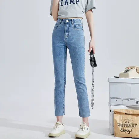 唐狮春秋季女牛仔裤烟管裤直筒高腰毛边修身弹力潮流个性商品大图