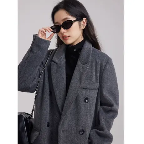 超好看灰色呢子大衣西装外套女秋冬2023新款高级感中长款毛呢外套图片